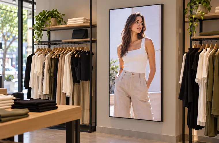 Painel de LED vertical instalado em loja de roupas