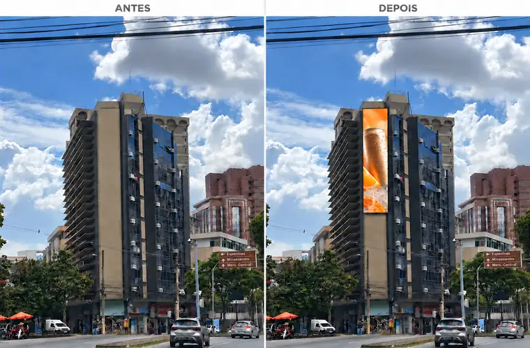 Antes e depois: fachada de prédio com painel de LED instalado