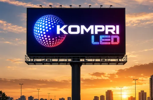 Painel de LED publicitário em avenida exibindo a marca Kompri LED